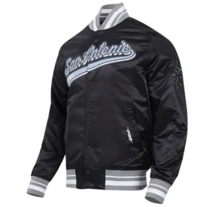 San antonio spurs script tail ribbed knitted satin varsity jacket black 4