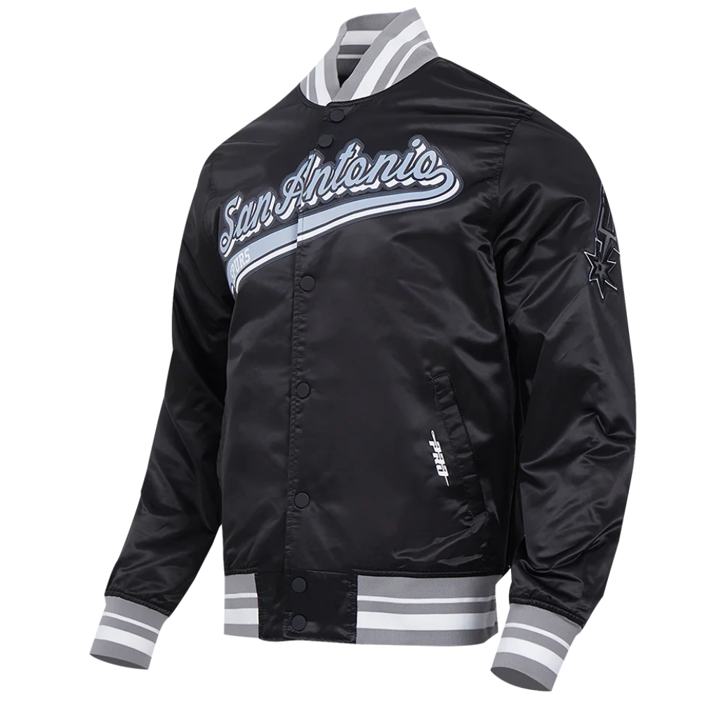 San antonio spurs script tail ribbed knitted satin varsity jacket black 4
