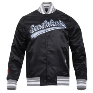 San antonio spurs script tail ribbed knitted satin varsity jacket black 5