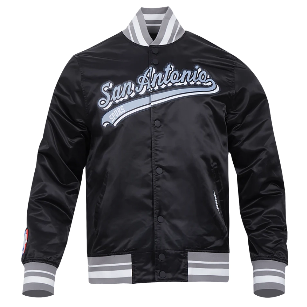 San antonio spurs script tail ribbed knitted satin varsity jacket black 5