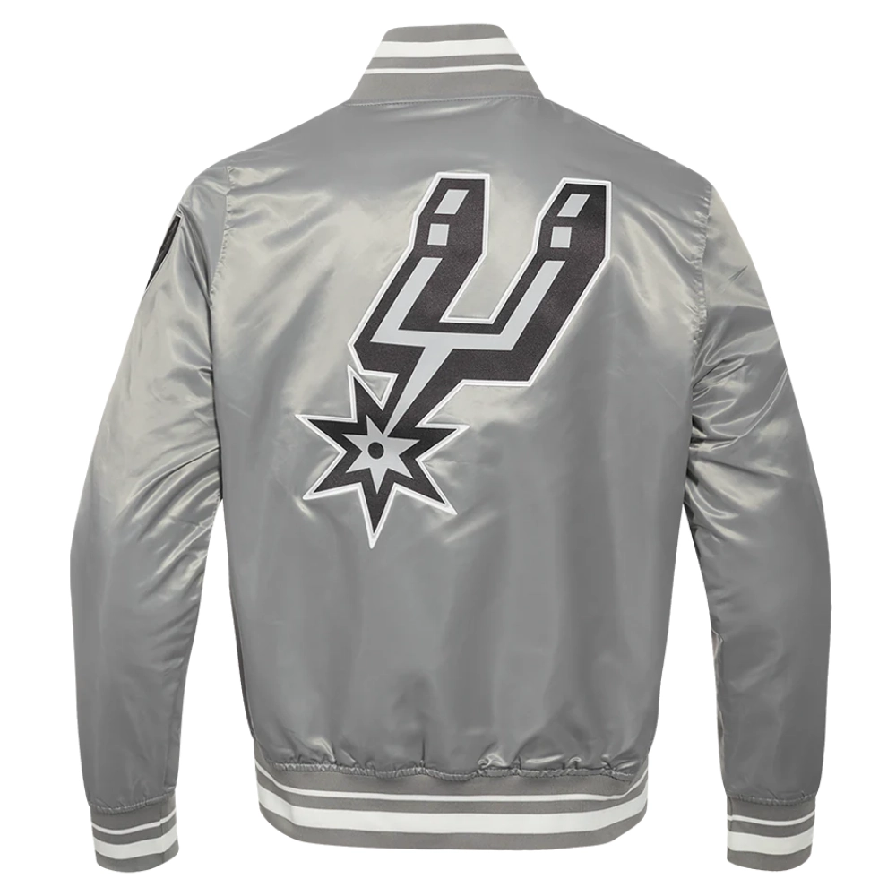 San antonio spurs script tail ribbed knitted satin varsity jacket gray 3