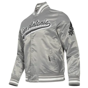 San antonio spurs script tail ribbed knitted satin varsity jacket gray 4