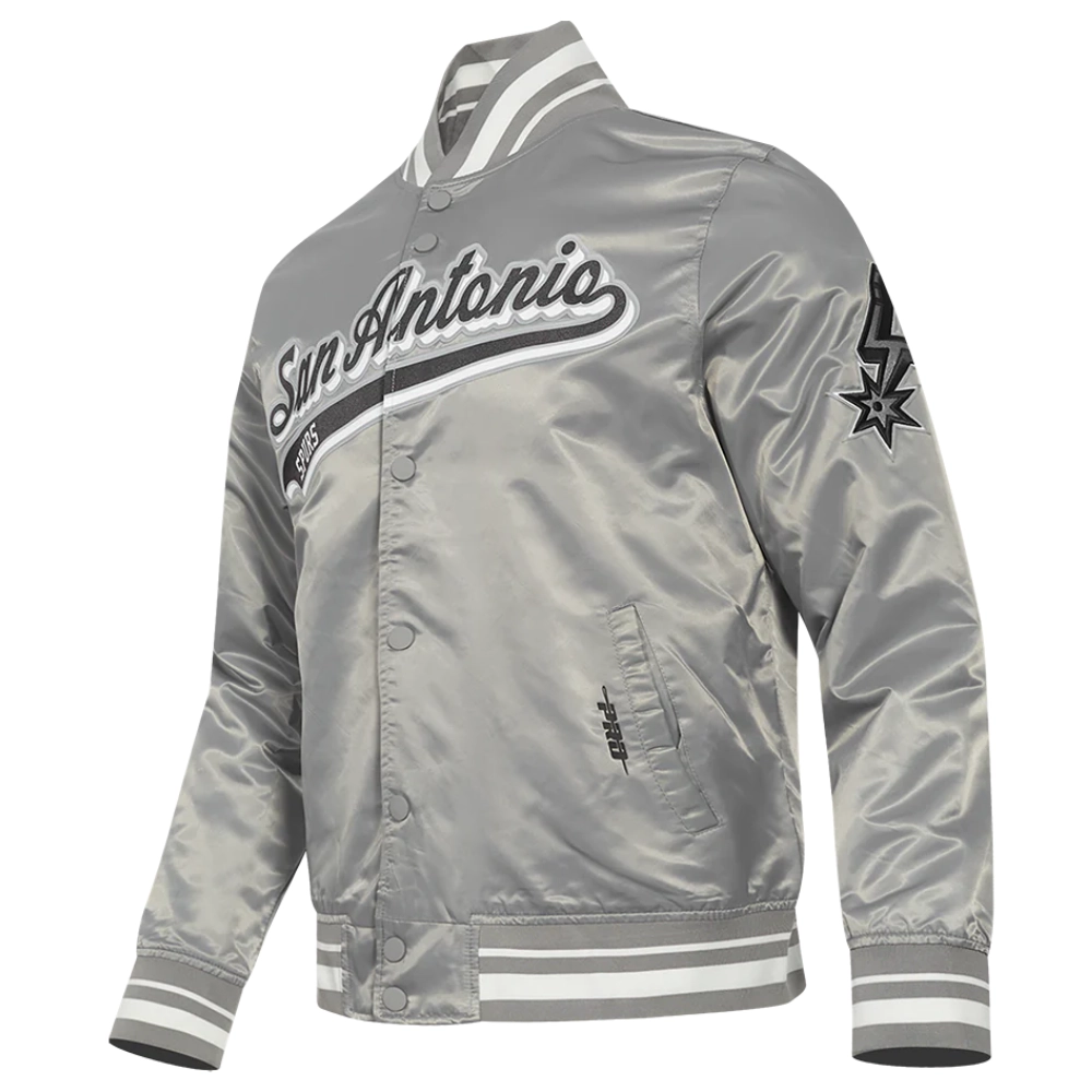 San antonio spurs script tail ribbed knitted satin varsity jacket gray 4