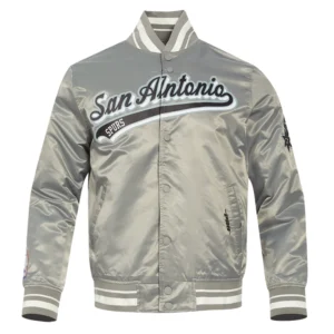 San antonio spurs script tail ribbed knitted satin varsity jacket gray 5