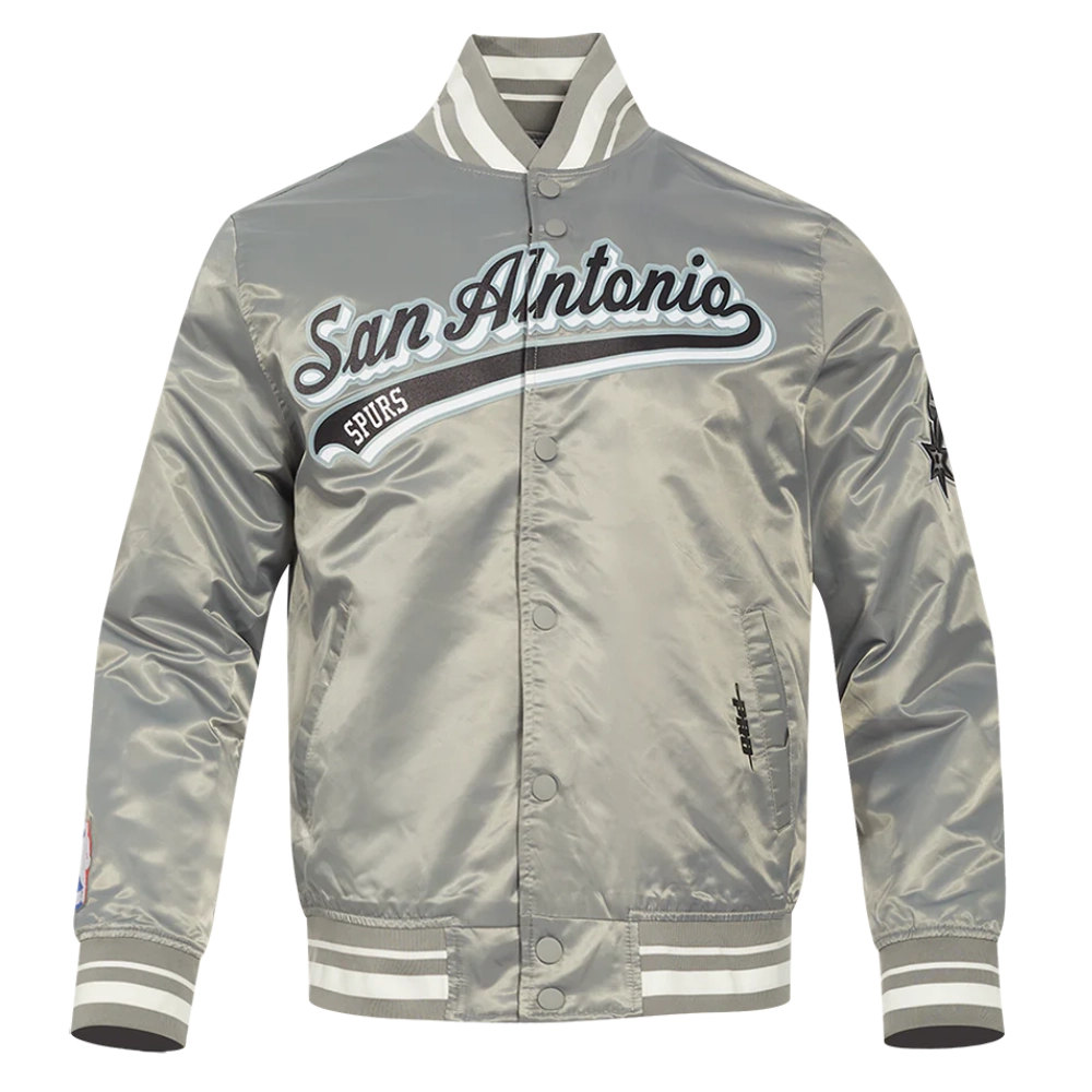 San antonio spurs script tail ribbed knitted satin varsity jacket gray 5