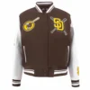 San diego padres mashup full snap womens satin varsity jacket brownwhite 4