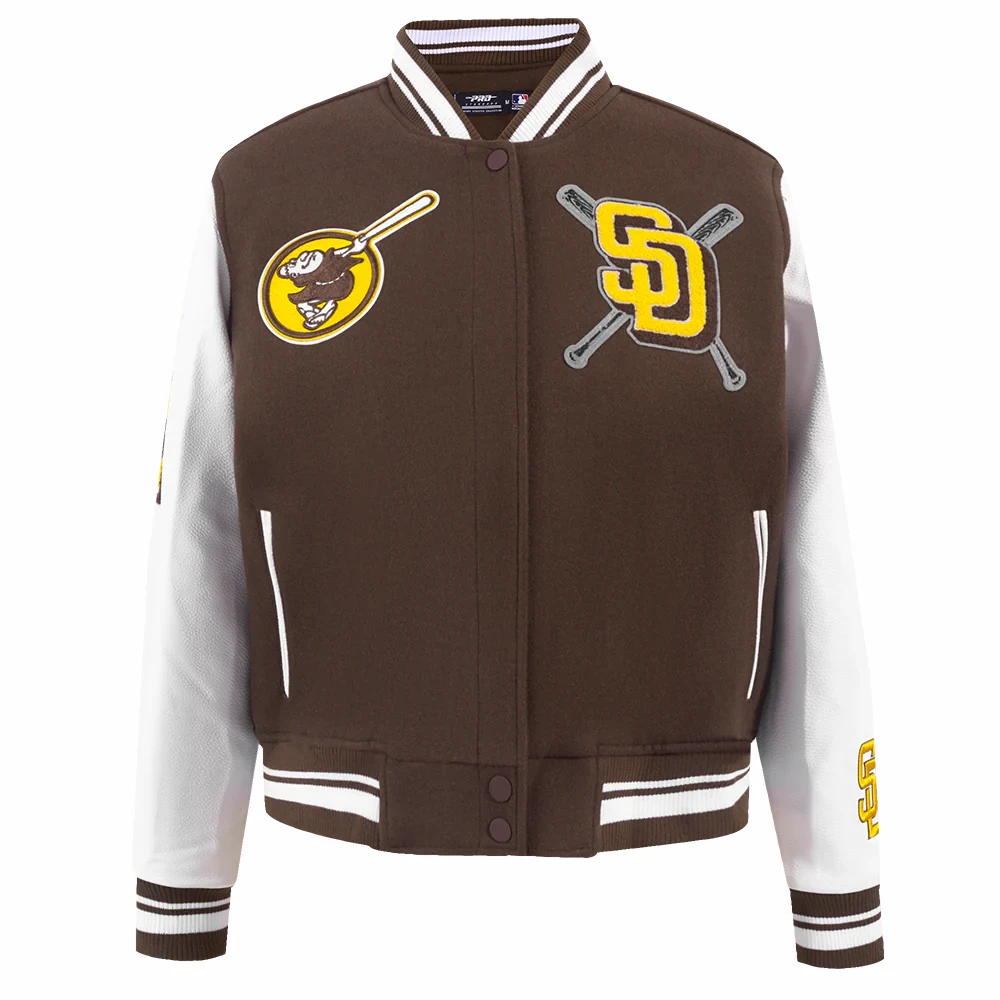 San diego padres mashup full snap womens satin varsity jacket brownwhite 4