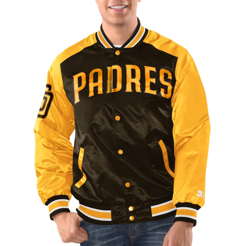 San diego padres renegade satin varsity jacket brown yellow 1