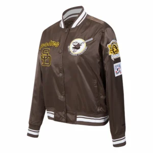 San diego padres retro classic womens full snap satin varsity jacket brown 1