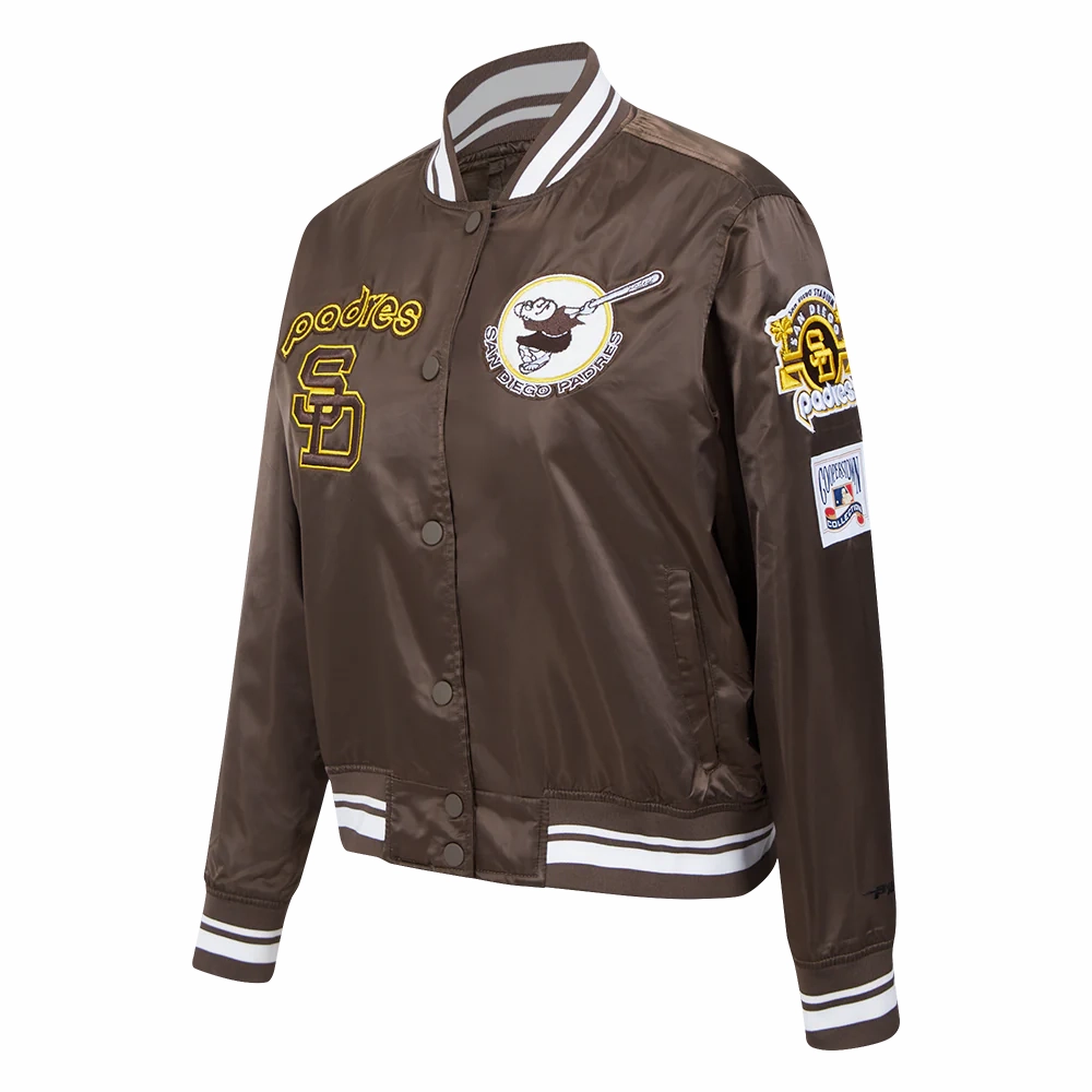 San diego padres retro classic womens full snap satin varsity jacket brown 1