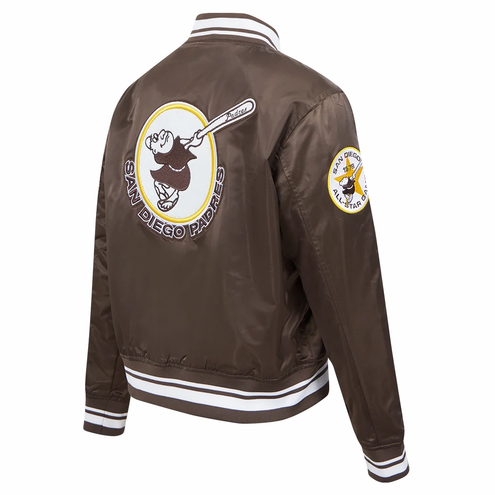 San diego padres retro classic womens full snap satin varsity jacket brown 2