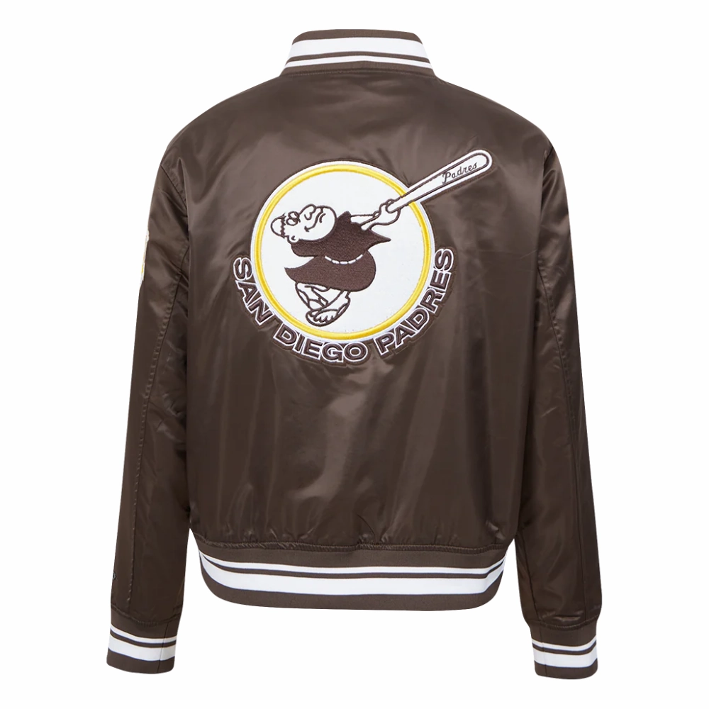 San diego padres retro classic womens full snap satin varsity jacket brown 3