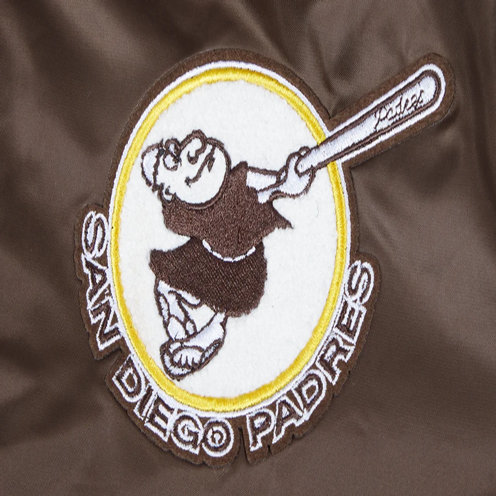 San diego padres retro classic womens full snap satin varsity jacket brown 4