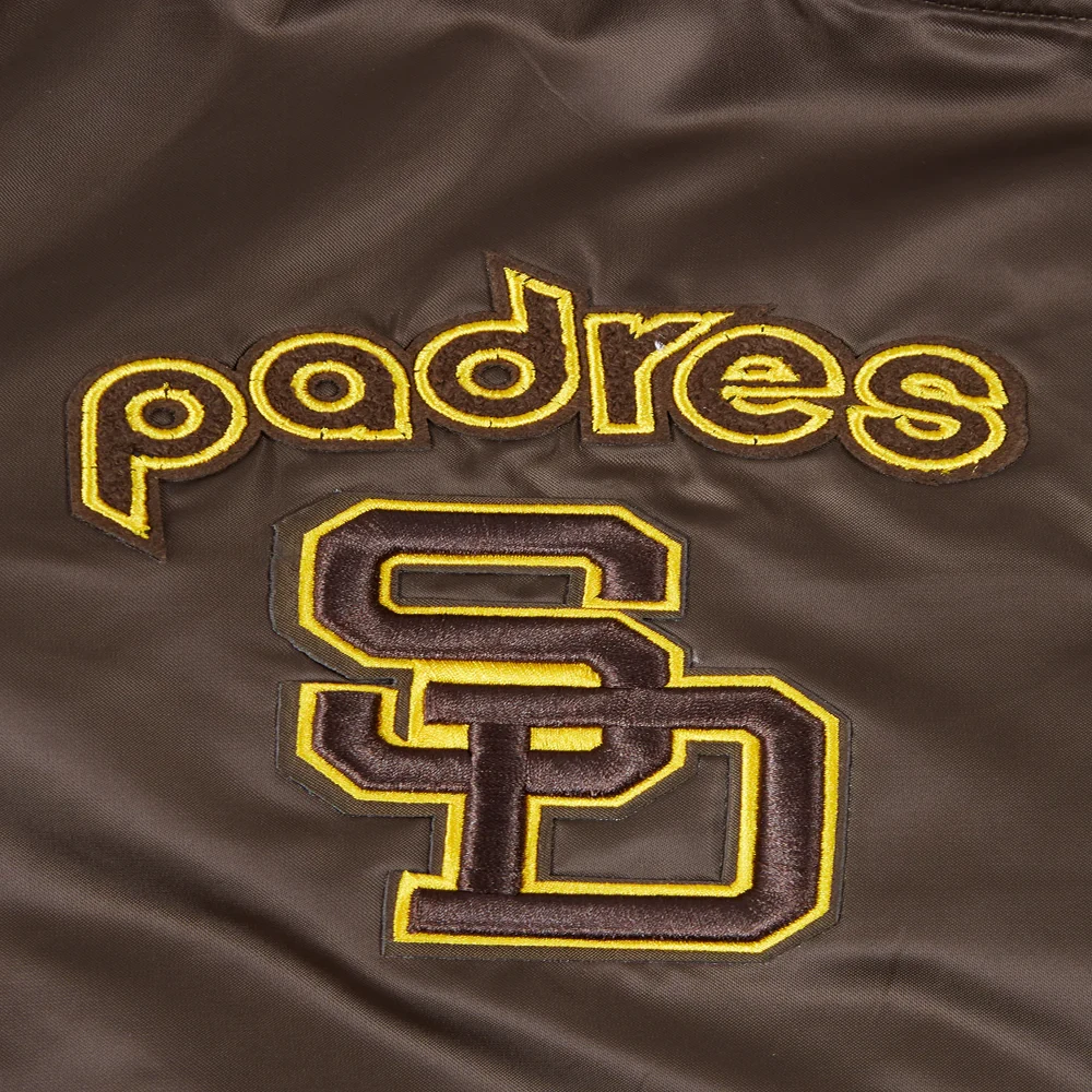 San diego padres retro classic womens full snap satin varsity jacket brown 5
