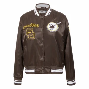 San diego padres retro classic womens full snap satin varsity jacket brown 6