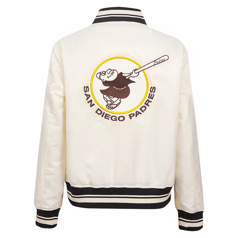 San diego padres retro classic womens full snap satin varsity jacket cream 1