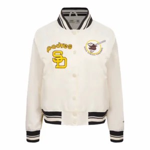 San diego padres retro classic womens full snap satin varsity jacket cream 5