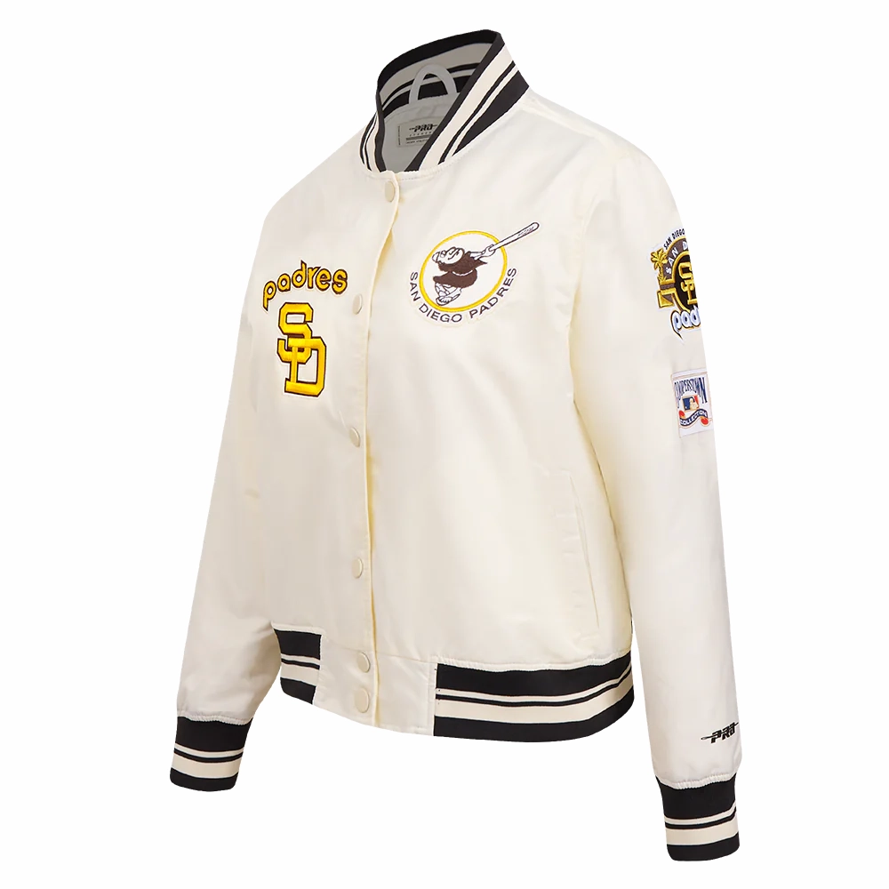 San diego padres retro classic womens full snap satin varsity jacket cream 6