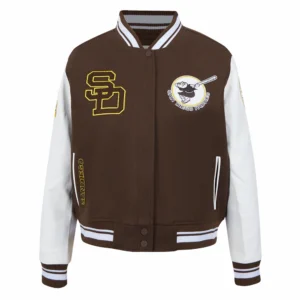 San diego padres retro classic womens wool leather varsity jacket brown white 1