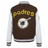 San diego padres retro classic womens wool leather varsity jacket brown white 2