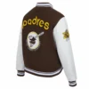 San diego padres retro classic womens wool leather varsity jacket brown white 3