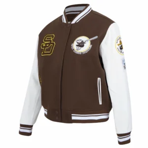 San diego padres retro classic womens wool leather varsity jacket brown white 6