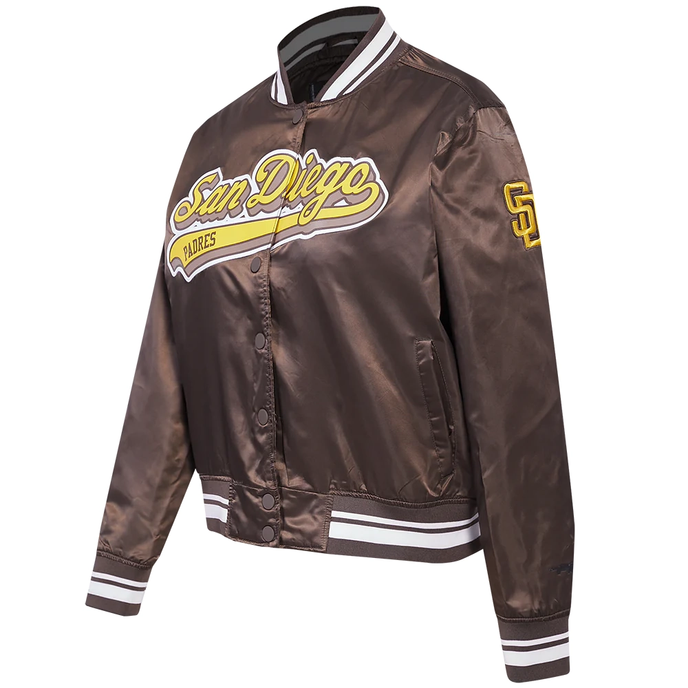 San diego padres script tail full snap satin varsity jacket brown 10
