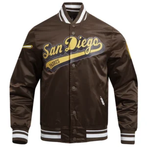 San diego padres script tail full snap satin varsity jacket brown 2