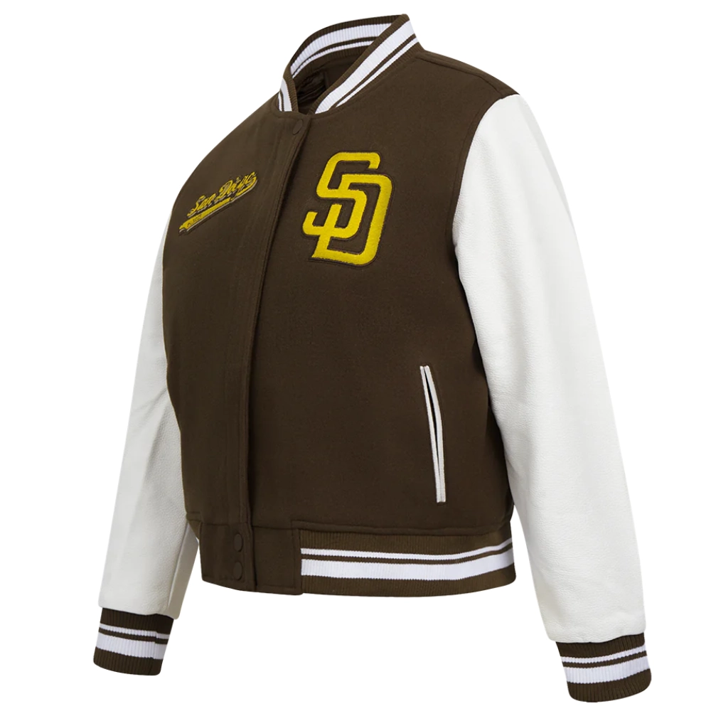 San diego padres script tail wool leather varsity jacket brown white 4