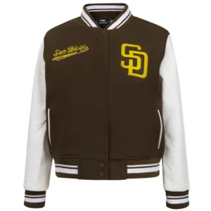 San diego padres script tail wool leather varsity jacket brown white 5