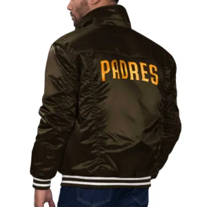 San diego padres starter x silver satin trucker varsity jacket brown 3 1