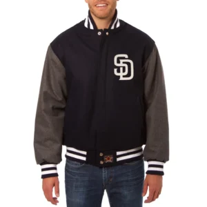 San diego padres two tone handcrafted logo wool jacket navy gray 1