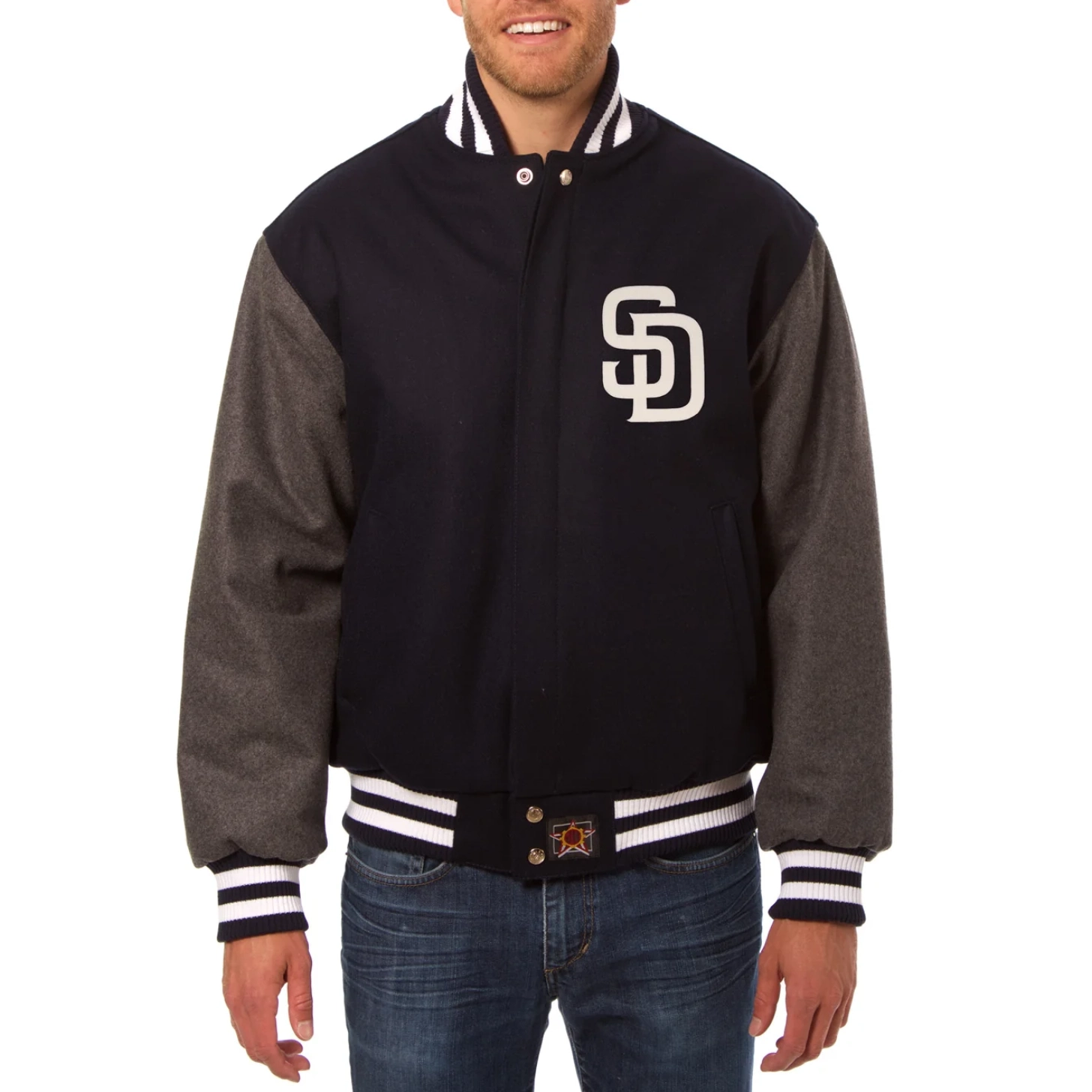 San diego padres two tone handcrafted logo wool jacket navy gray 1