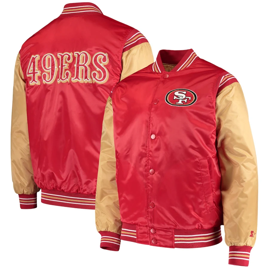 San francisco 49ers enforcer full snap satin varsity jacket redgold 1