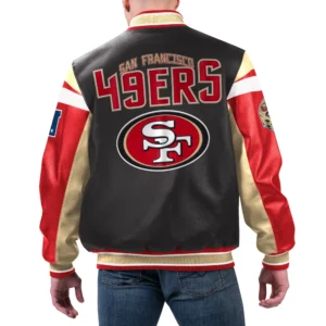 San francisco 49ers full zip leather varsity jacket black red 1 1
