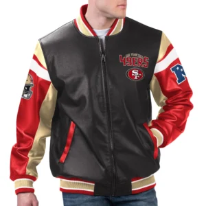 San francisco 49ers full zip leather varsity jacket black red 1