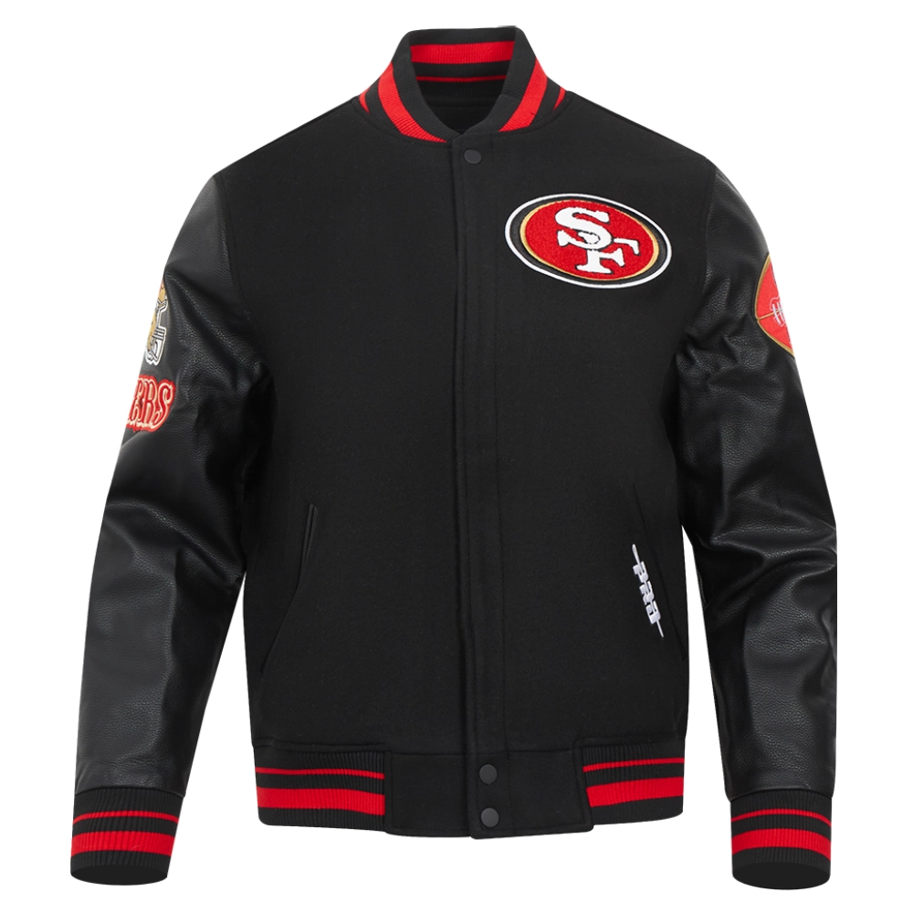 San francisco 49ers old english wool leather varsity jacket black 1 1
