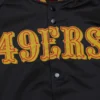 San francisco 49ers raglan full snap satin varsity jacket 1