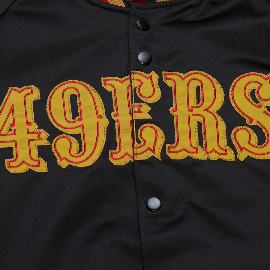 San francisco 49ers raglan full snap satin varsity jacket 1
