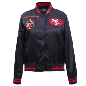 San francisco 49ers retro classic womens full snap satin varsity jacket black 6