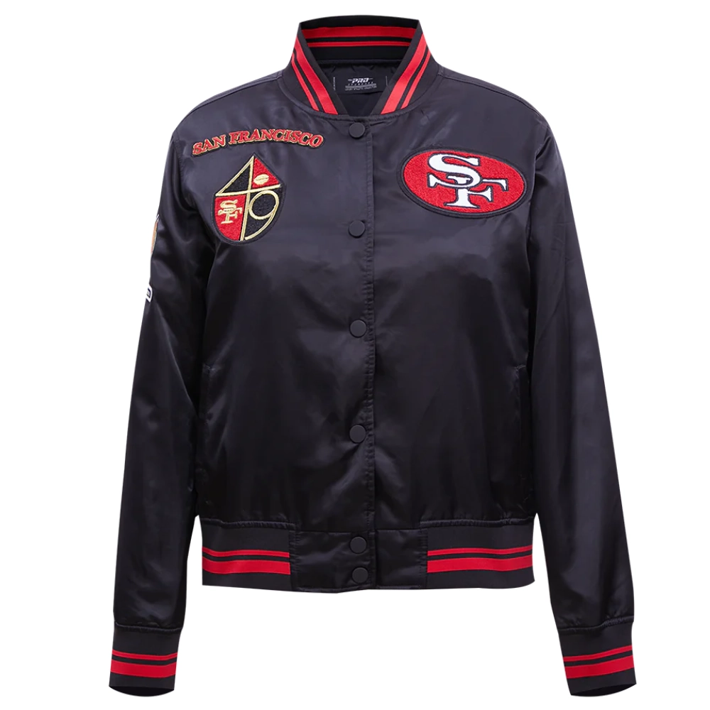 San francisco 49ers retro classic womens full snap satin varsity jacket black 6