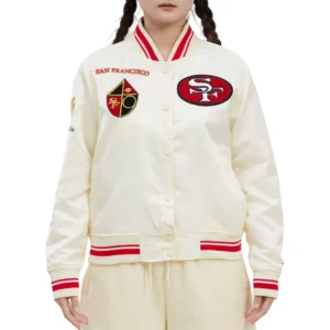 San francisco 49ers retro classic womens full snap satin varsity jacket cream 3