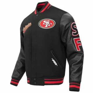 San francisco 49ers script tail rib wool leather varsity jacket black 2