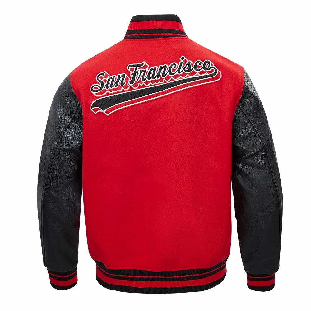 San francisco 49ers script tail rib wool leather varsity jacket redblack 4