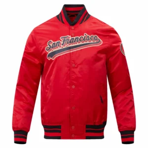 San francisco 49ers script tail satin varsity jacket red 1