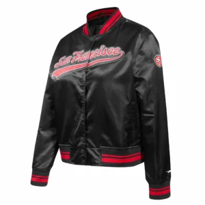 San francisco 49ers script tail womens satin varsity jacket black 1