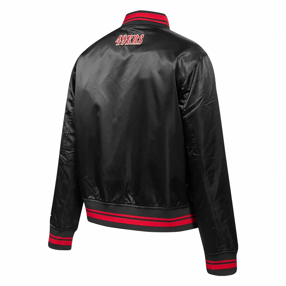 San francisco 49ers script tail womens satin varsity jacket black 3