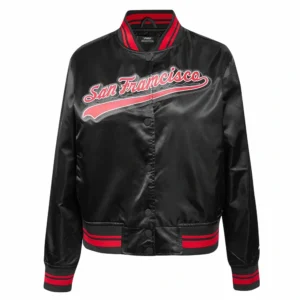 San francisco 49ers script tail womens satin varsity jacket black 6