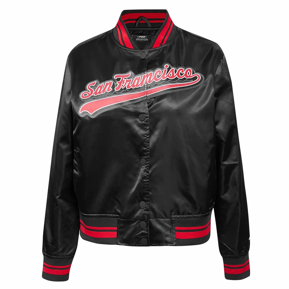 San francisco 49ers script tail womens satin varsity jacket black 6