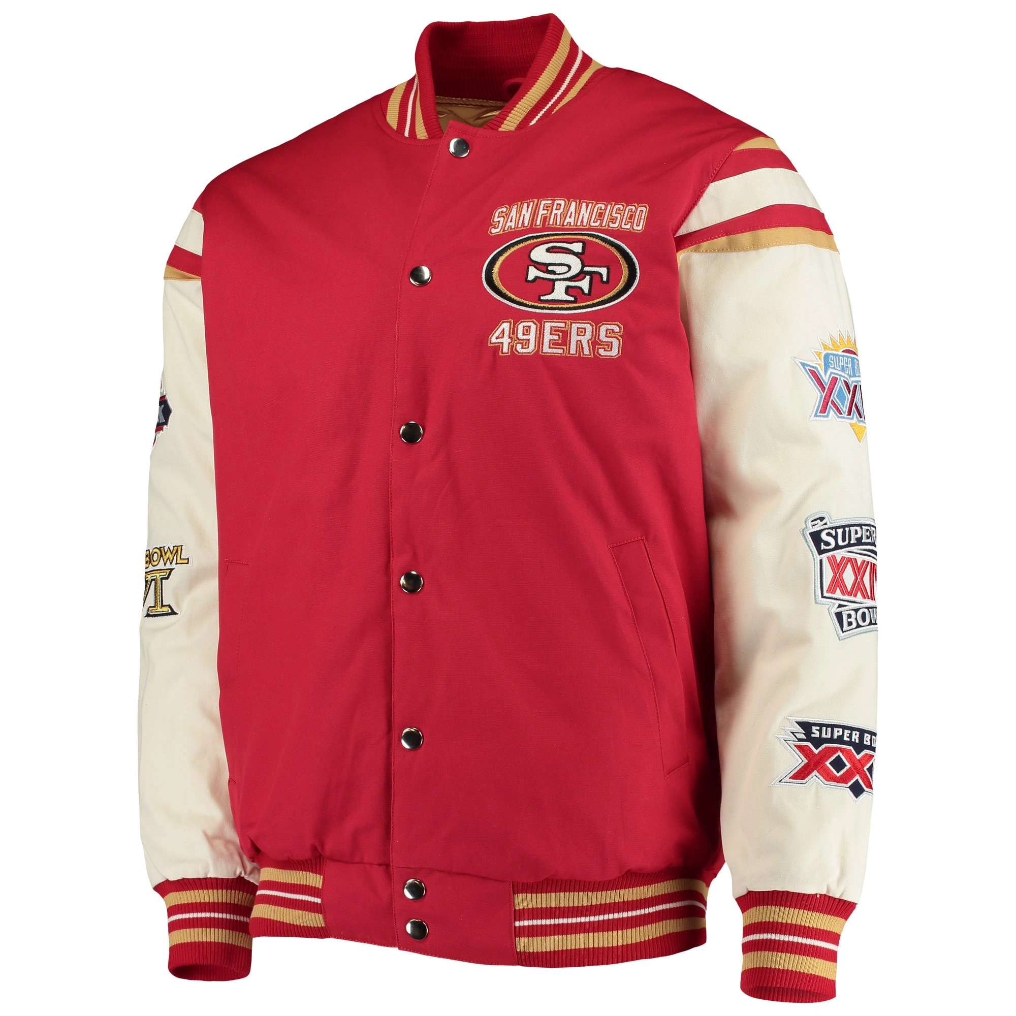 San francisco 49ers victory formation commemorative full snap varsity jacket red white 1 1